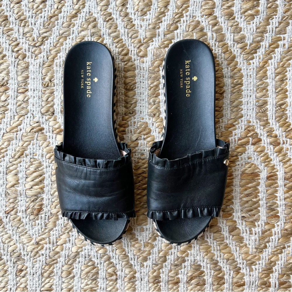 Kate Spade New York Zahara Leather Woven Slides Sandals Ruffle Black Tan 7.5 - Picture 2 of 7